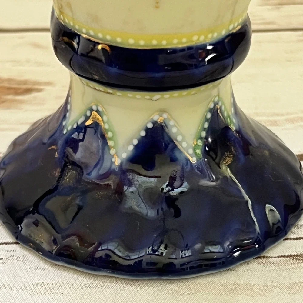 Porcelain Vase Cobalt Blue Gold Gilt Portrait Floral 9.25in